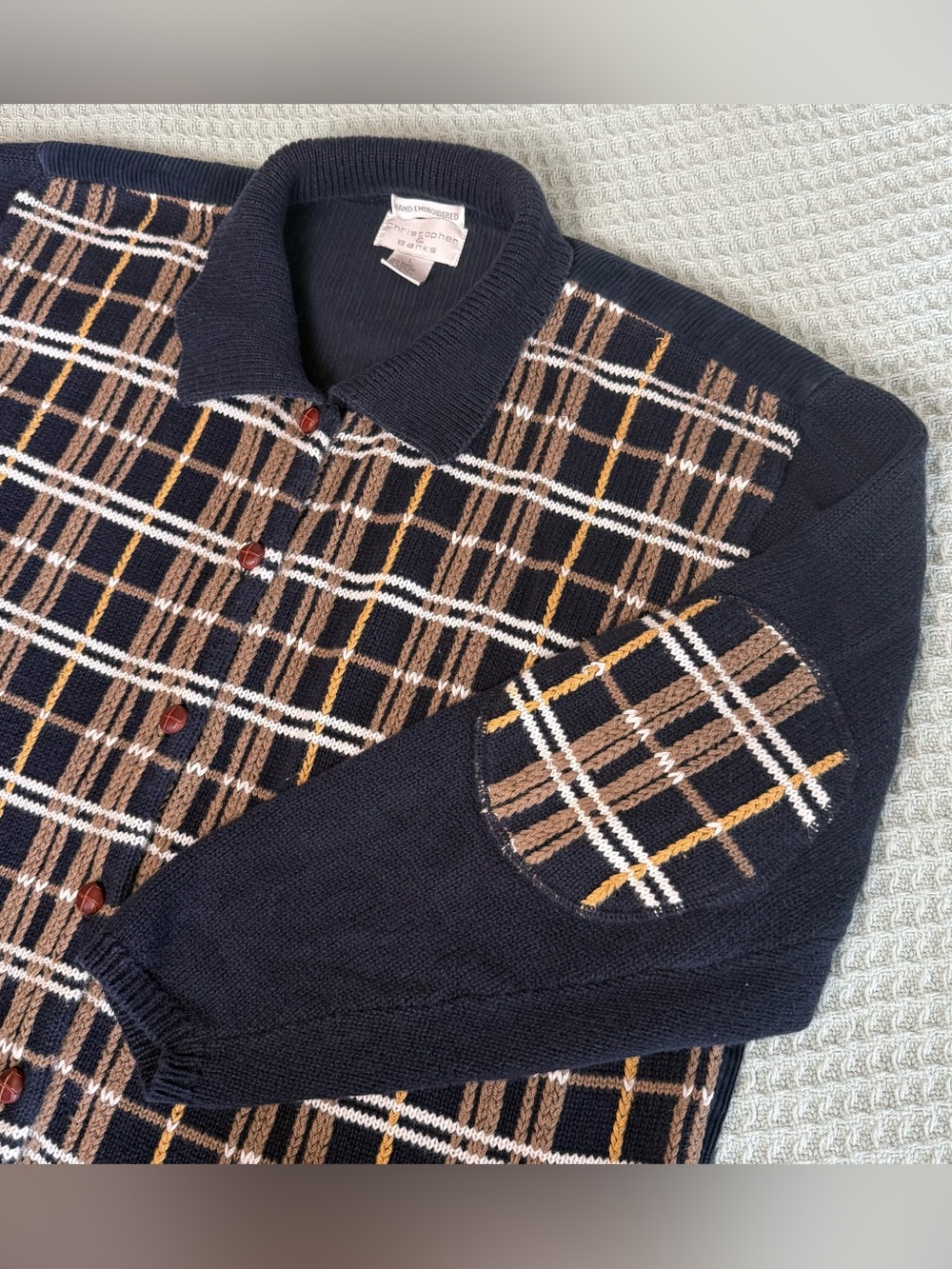 Vintage 90s Christopher & Banks Hand Embroidered Cardigan Sweater Large Navy